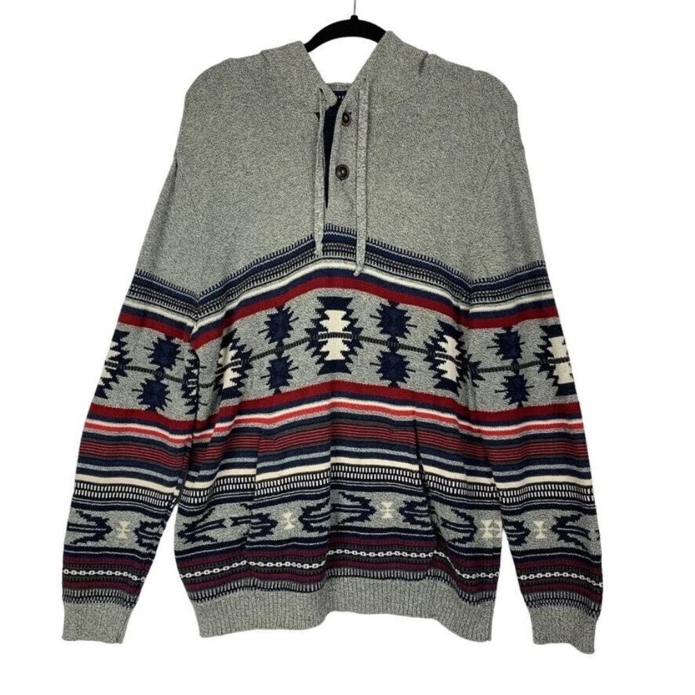 American Eagle Southwestern Hooded Sweater Kangaroo Pocket Aztec Tribal Henley L